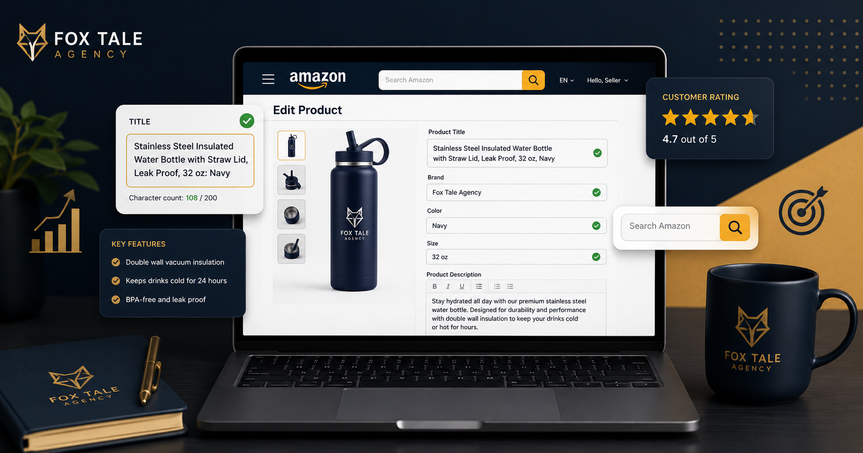 Amazon product detail page showing an optimized title, Item Highlights field, and A+ Content module on a mobile phone screen