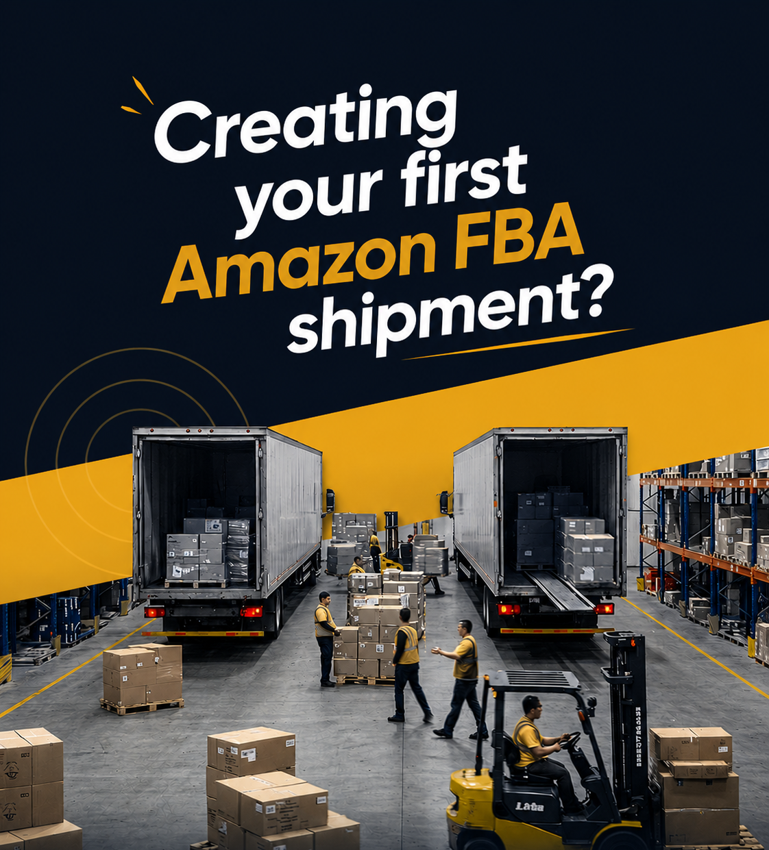 A step-by-step guide for preparing your first Amazon FBA shipment, featuring packing materials and shipping labels.