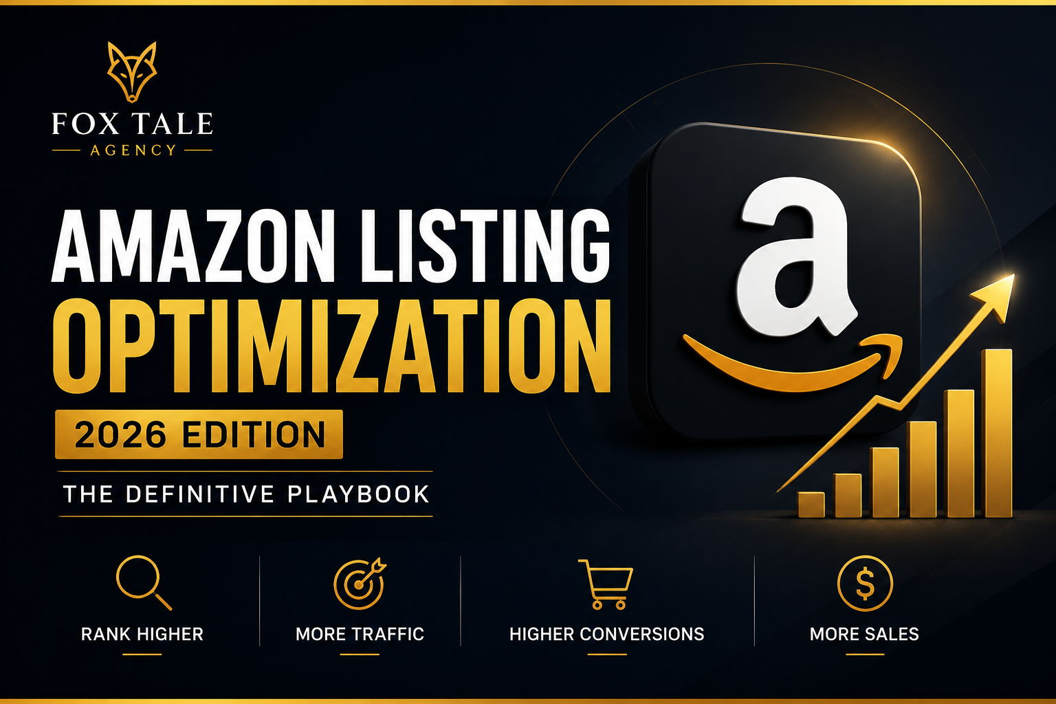 Amazon Listing Optimization 2026 guide thumbnail featuring Amazon SEO, listing optimization, AI search, keyword research, and ranking strategies in a premium dark navy and gold design.